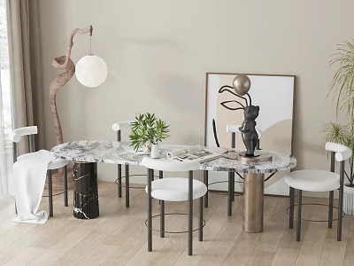 Modern Round Marble Dining Table Set With White Chairs Green Plant And Artwork 3d model