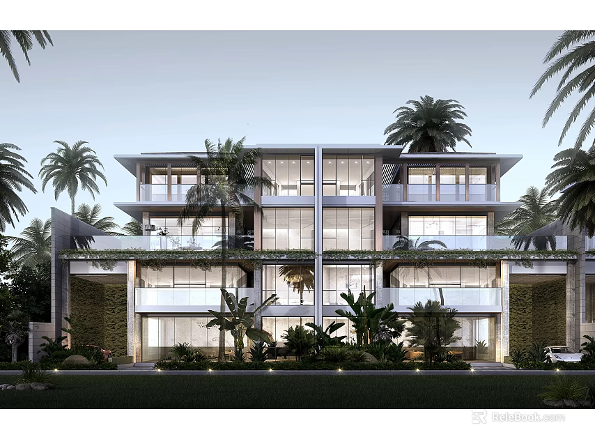 Modern Multi Story Townhouse Exterior With Large Glass Windows Balconies Palm Trees Greenery 3d model 