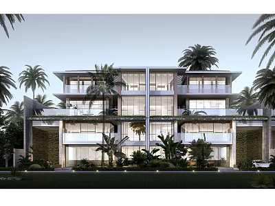Modern Multi Story Townhouse Exterior With Large Glass Windows Balconies Palm Trees Greenery 3d model