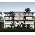 Modern Multi Story Townhouse Exterior With Large Glass Windows Balconies Palm Trees Greenery