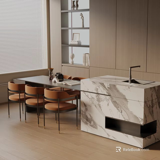 Modern Kitchen Dining Table Set With Orange Chairs And Marble Island 3d model