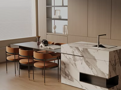 Modern Kitchen Dining Table Set With Orange Chairs And Marble Island 3d model