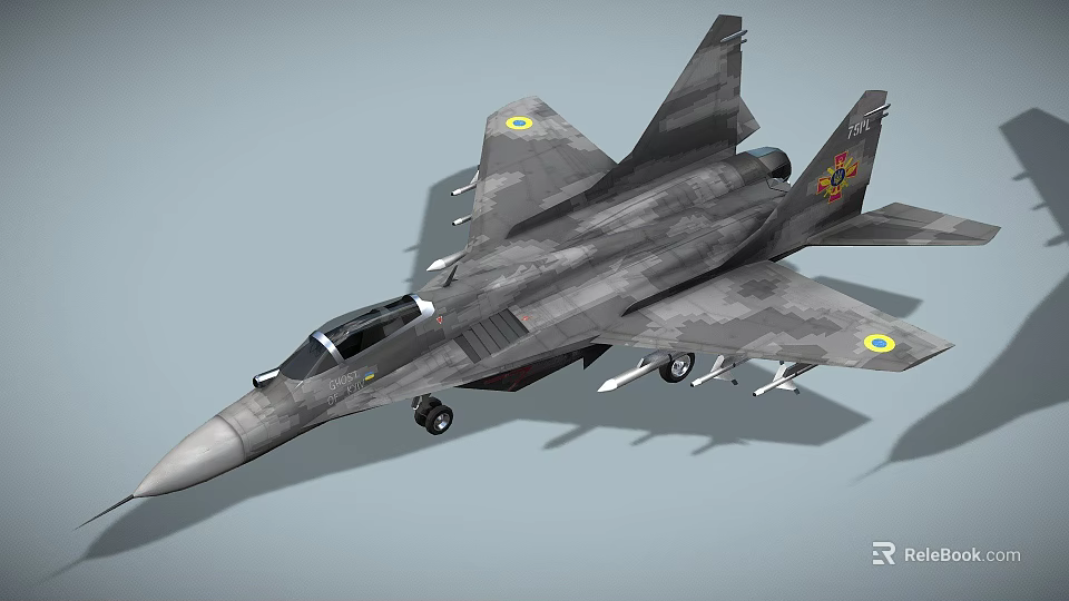 Military Gray Fighter Jet With Pointed Nose Missiles On Wings And Tail Emblem 3d model 