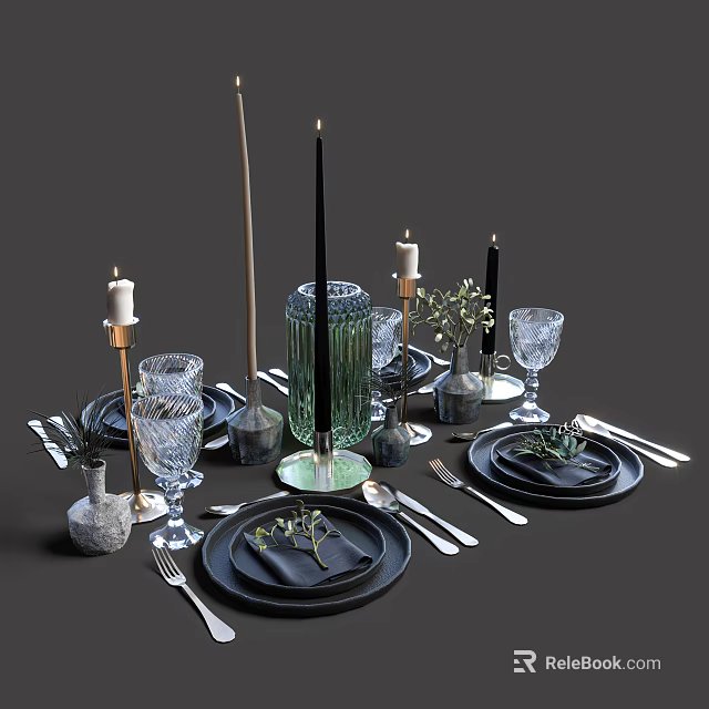 Modern Dinnerware Set With Black Plates Glassware Candles And Metallic Cutlery 3d model 