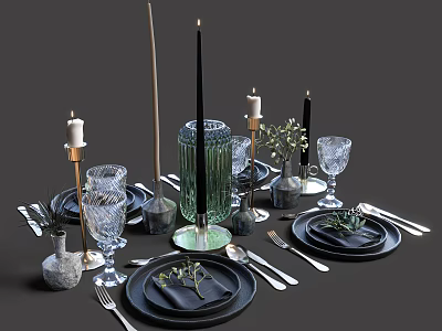 Modern Dinnerware Set With Black Plates Glassware Candles And Metallic Cutlery 3d model