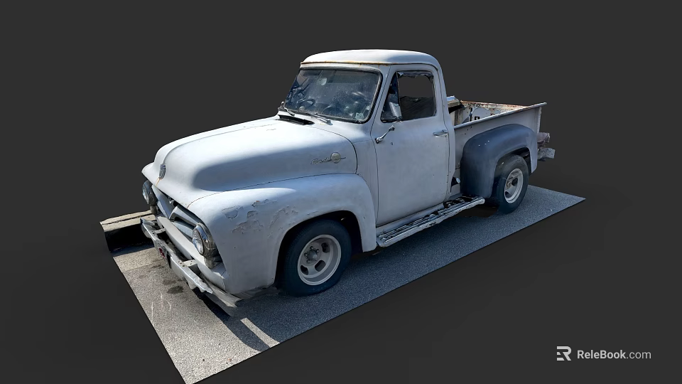 Vintage White Worn Pickup Truck Parked On Gray Concrete Ground 3d model 