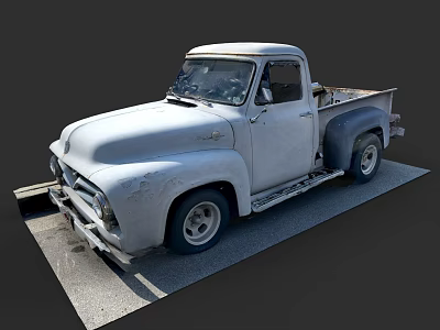 Vintage White Worn Pickup Truck Parked On Gray Concrete Ground 3d model