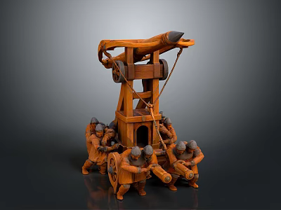Medieval Siege Weapon Wooden Catapult With Wheels Operated By Soldiers Historical War Machinery 3d model