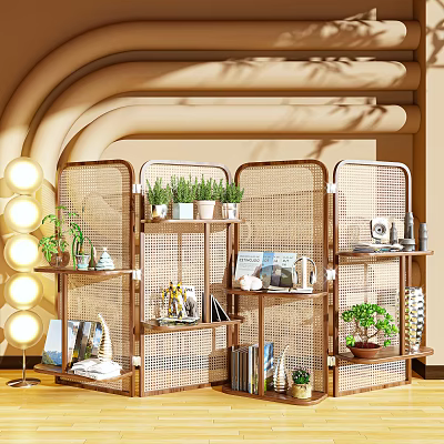 Modern Rattan Screen With Wooden Frame And Decorative Shelves Holding Plants Books And Ornaments 3d model