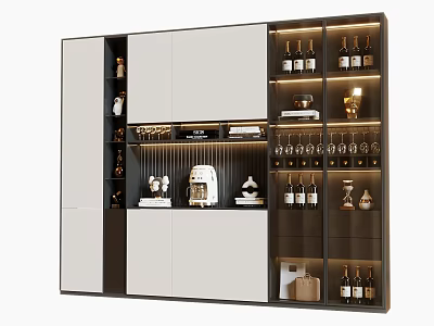 Modern Wine Cabinet With LED Lighting Wine Bottles Hanging Wine Glasses And Coffee Machine 3d model