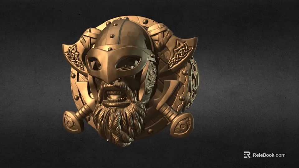 Golden Viking Helmet Decoration With Bearded Face And Ornate Patterns On Dark Background 3d model 