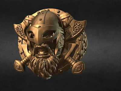 Golden Viking Helmet Decoration With Bearded Face And Ornate Patterns On Dark Background 3d model