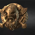 Golden Viking Helmet Decoration With Bearded Face And Ornate Patterns On Dark Background