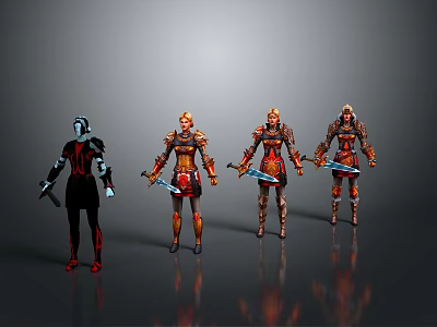 Women Wearing Different Armors Holding Weapons Standing In Gray Background Poses 3d model