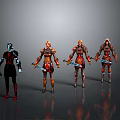 Women Wearing Different Armors Holding Weapons Standing In Gray Background Poses