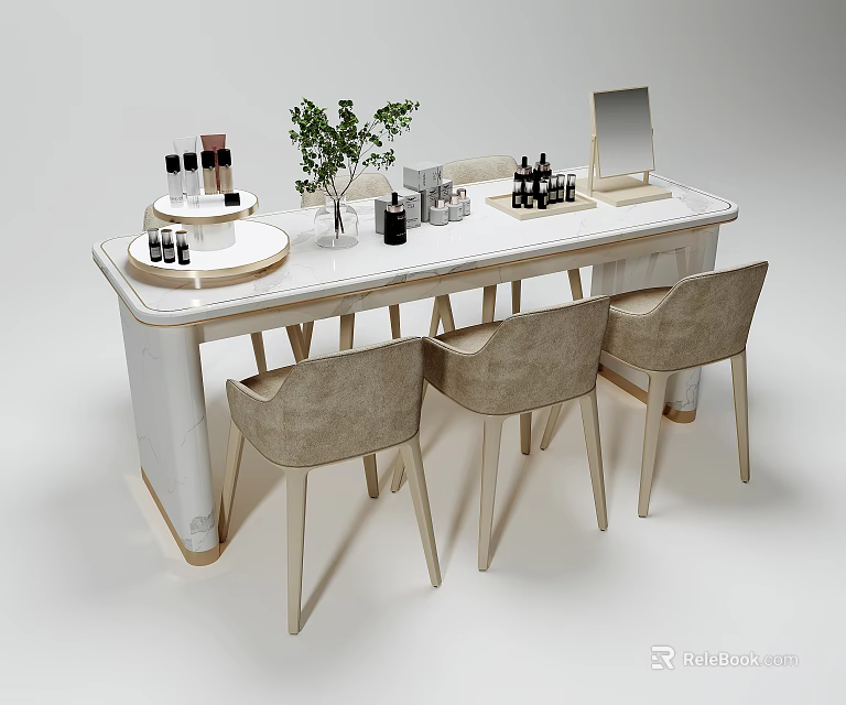 Elegant Display Shelf With Marble Countertop Cosmetics Green Plants Mirror And Beige Chairs 3d model 