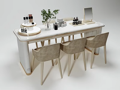 Elegant Display Shelf With Marble Countertop Cosmetics Green Plants Mirror And Beige Chairs 3d model