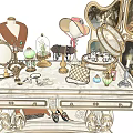 Luxurious Dressing Table With Golden Mirrors Candle Holder Glass Dome Jewelry Box And Decorative Items