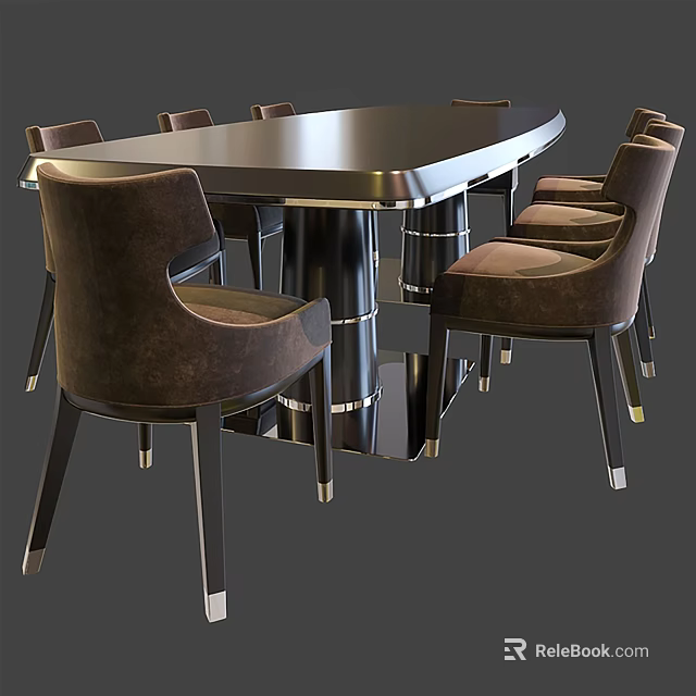 Modern Luxury Dining Table Set With Oval Metal Base And Brown Leather Chairs 3d model 