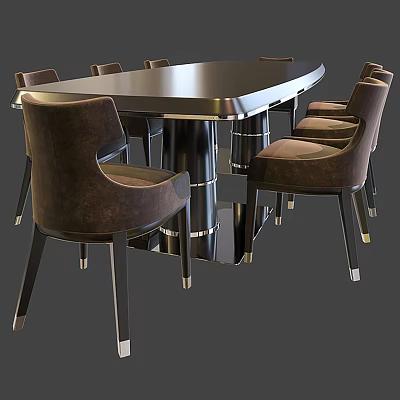 Modern Luxury Dining Table Set With Oval Metal Base And Brown Leather Chairs 3d model