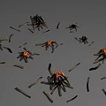 Garden Ornaments With Black Branch Structures Red Yellow Central Decor And Scattered Black Slender Strips