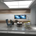 Modern Public Office Space With Circular Desks Large Windows And Ceiling Lights 3d model