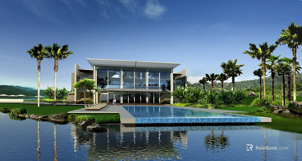 Modern Luxury Villa Exterior With Swimming Pool Palm Trees Lush Greenery And Water Reflection 3d model 