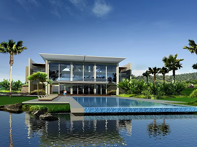 Modern Luxury Villa Exterior With Swimming Pool Palm Trees Lush Greenery And Water Reflection 3d model