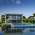 Modern Luxury Villa Exterior With Swimming Pool Palm Trees Lush Greenery And Water Reflection