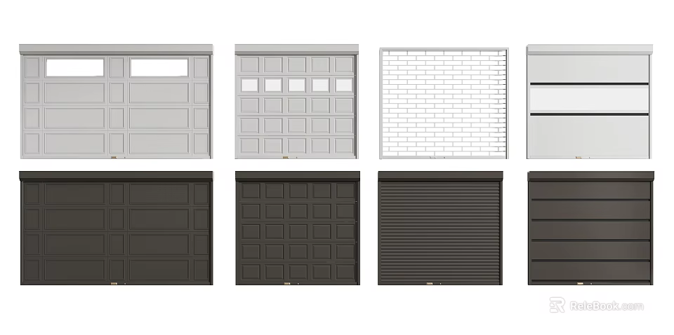 Various Garage Door Designs With Panel And Roller Styles In Gray Tones 3d model