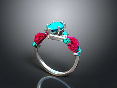 Elegant Silver Ring Featuring Blue Gemstone With Red Green Floral Design 3d model