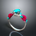 Elegant Silver Ring Featuring Blue Gemstone With Red Green Floral Design 3d model