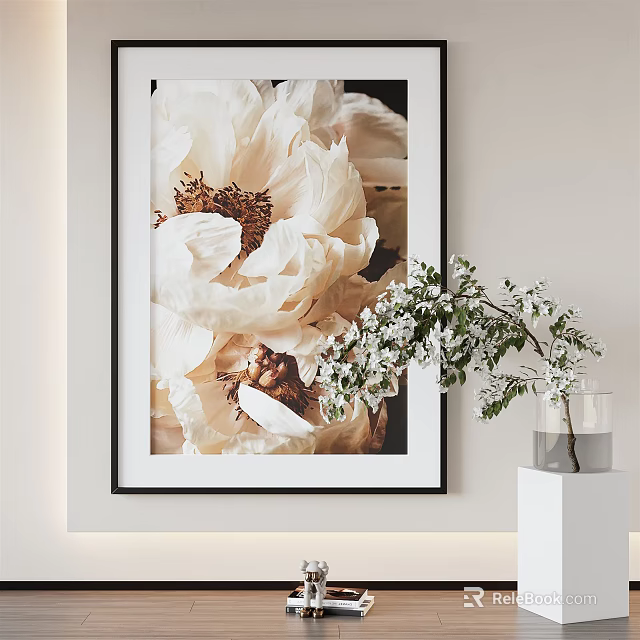Stylish Framed White Flower Painting With Side White Vase And Green Branches 3d model 