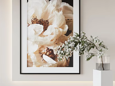 Stylish Framed White Flower Painting With Side White Vase And Green Branches 3d model