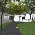 Modern Sales Office Building With Unique Curved Roof White Columns Green Trees And Lawn Area