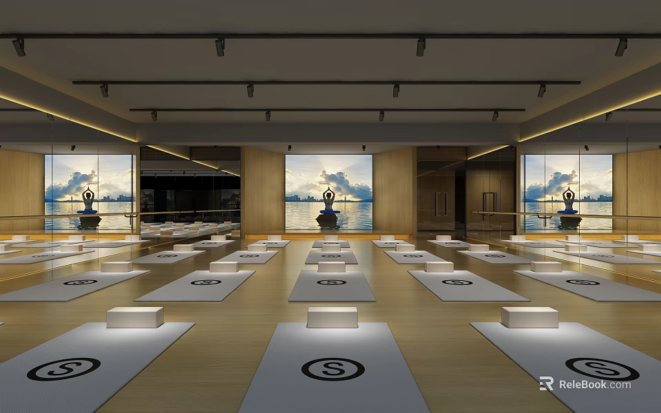 Spacious Sunlit Yoga Studio With Ocean View And Arranged Mats For Fitness Practice 3d model 