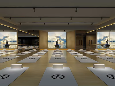 Spacious Sunlit Yoga Studio With Ocean View And Arranged Mats For Fitness Practice 3d model