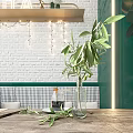 Stylish Green Cafe Interior With Black White Checkered Floor Blue Chairs Red Arch And Green Plants