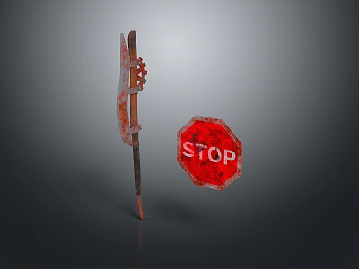 Traditional Spear With Wooden Shaft Alongside Red Stop Sign With STOP Text 3d model
