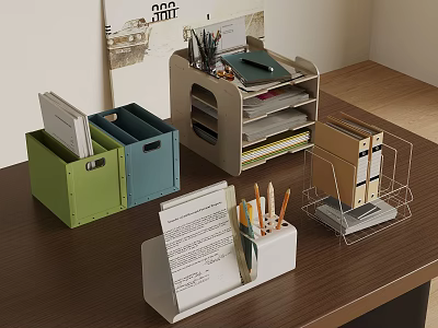 Organized Desk Folder Storage With Green Blue Boxes Multi Layer Organizer And Metal Rack 3d model