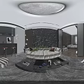 Modern Hotel Guest Room Featuring Large Screen TV Fireplace Sofa And Circular Ceiling Light