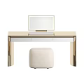 Modern Dressing Table With Gold Frame Glass Top Mirror White Drawers And Upholstered Stool