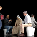 Group of Diverse People Sitting on White Stools Black Background Talking Using Phone Reading Book
