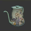 Colorful Floral And Butterfly Patterned Kettle With Glossy Surface And Curved Spout