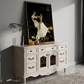 White Sideboard with Drawers Glass Doors Painting Potted Plant and Wine Glasses in Modern Interior