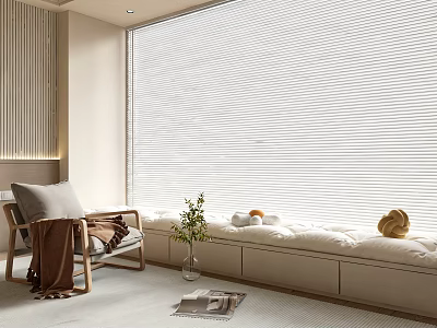 Modern White Venetian Blinds Covering Large Window In Cozy Indoor Space With Window Seat 3d model