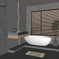 Elegant Modern Bathroom Interior With Marble Walls Freestanding Bathtub Wooden Countertop And Blinds
