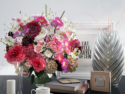 Home Decorative Ornament Set With Colorful Flower Bouquet Vase Photo Frame Books Candle And Mug 3d model
