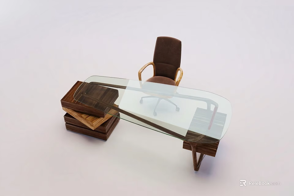 Modern Desk and Chair Set with Glass Top Wooden Frame and Brown Leather Armrests 3d model 