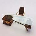 Modern Desk and Chair Set with Glass Top Wooden Frame and Brown Leather Armrests
